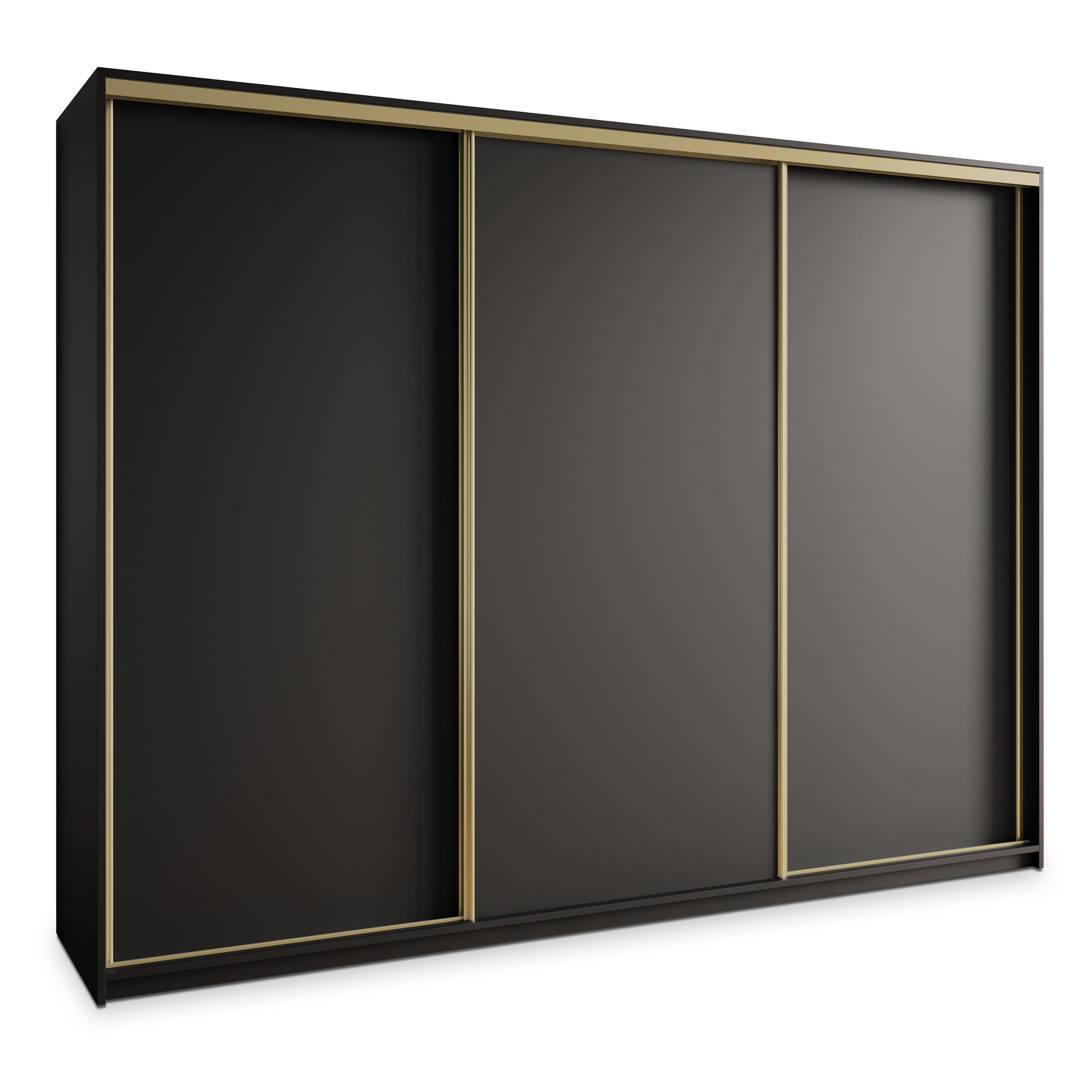 SCHWEBETÜRENSCHRANK NISSE 250/205/60 cm 3-türig mit Schubladen Schwarz - Goldfarben/Schwarz, Holzwerkstoff (250/205/60cm) - MASSENO