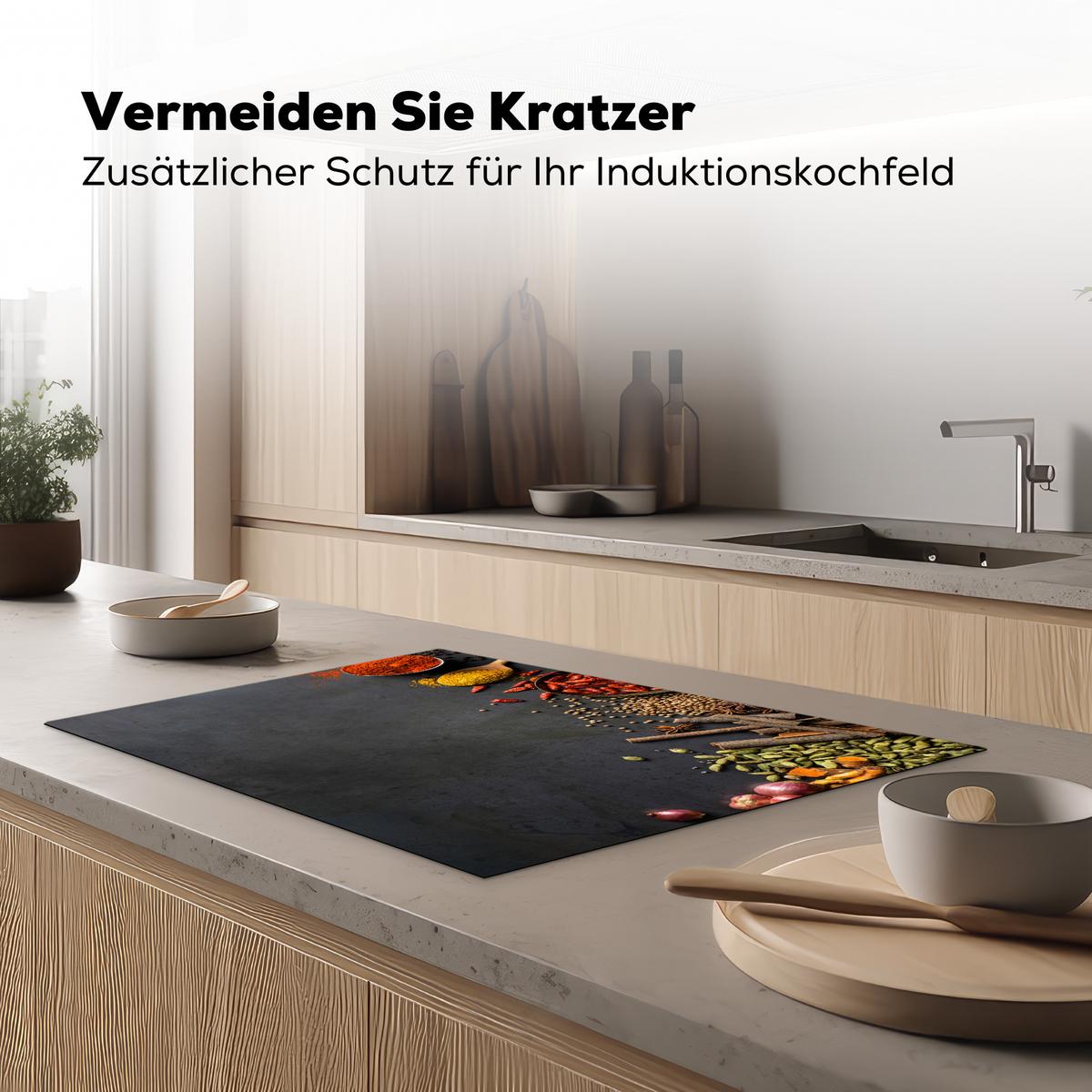 HERDABDECKPLATTE Kräuter - Lebensmittel - Gewürze - Schwarz - Paprika - Zimt Ceranfeldabdeckung 76x51.5 cm - Currygelb, Kunststoff (76/51.5/0.2cm) - MuchoWow