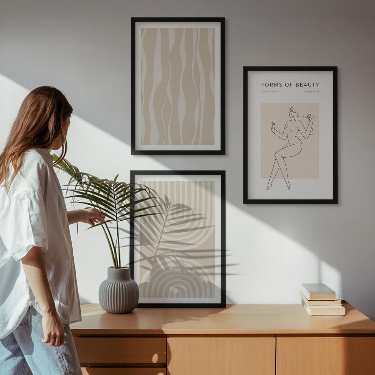 BILDER SET 3er Set - 40x60 cm Schwarzer Rahmen - Abstrakte Boho-Dekorationen - Schwarz, Kunststoff (40/60cm) - TULUP