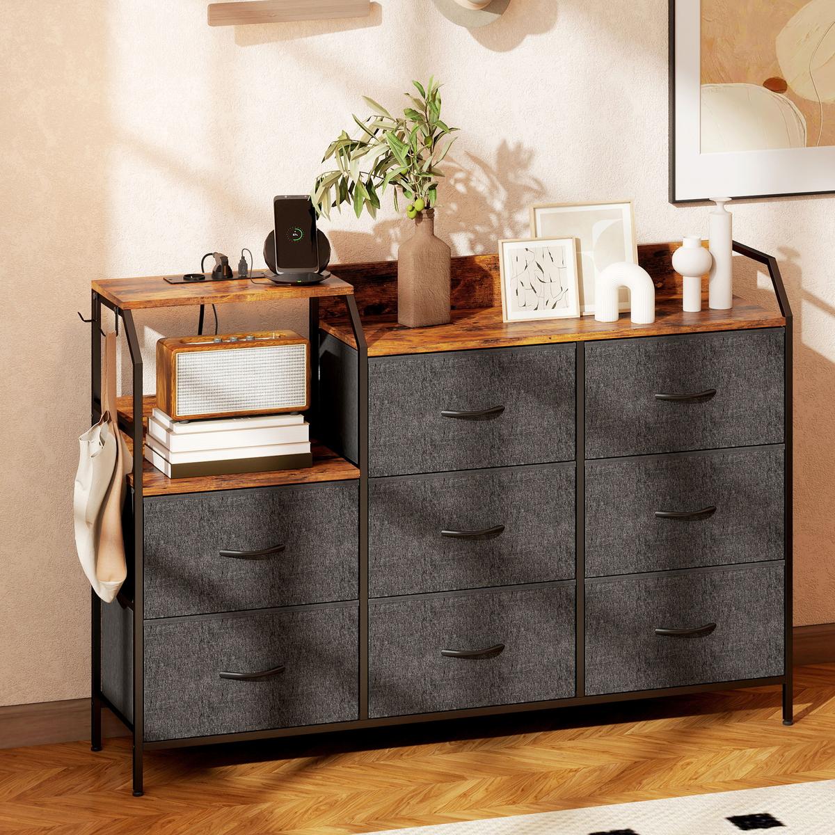 KOMMODE Schrank mit 8 Schubladen aus Vliesstoff Ladestation Haken Stahlrahmen - Multicolor/Schwarz, Kunststoff/Textil (30/88/130.5cm) - HOMCOM