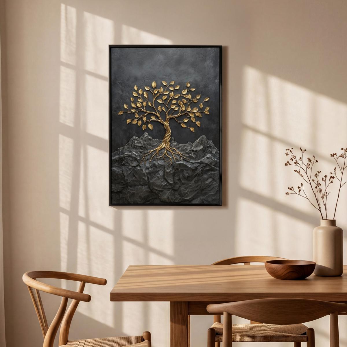 LEINWAND Bilder mit Rahmen - Blätter - Gold - Baum - Fels - 60x90 - Schwarz, Textil (60/90cm) - MuchoWow