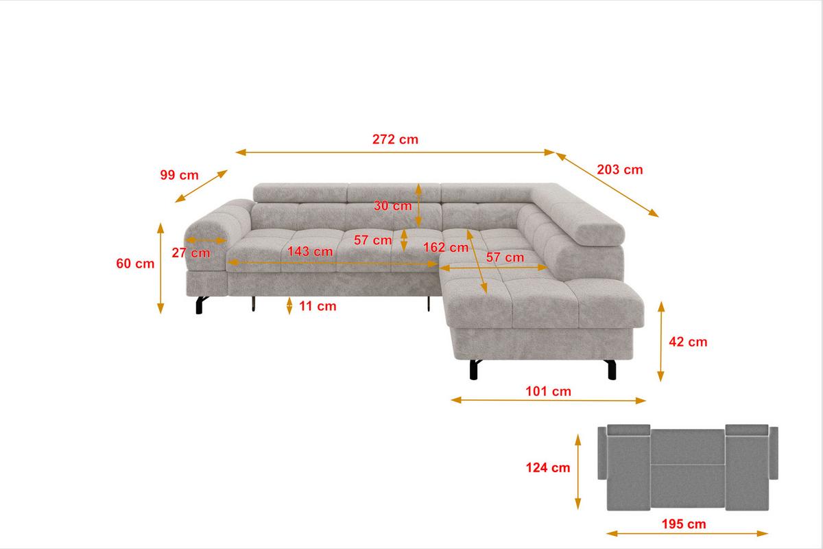 ECKSOFA mit Schlaffunktion Ottomane Rechts LUMA-L 272x203x70 Hellgrau Velours - Hellgrau/Schwarz, Holzwerkstoff/Kunststoff (203/272cm) - ALTDECOR