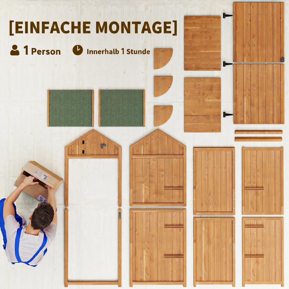 GARTENSCHRANK Geräteschuppen, mit Fachböden, Asphaltdach, Fenster, Holz, Gelb+Grün - Braun, Holz (54.2/179/77cm) - Outsunny