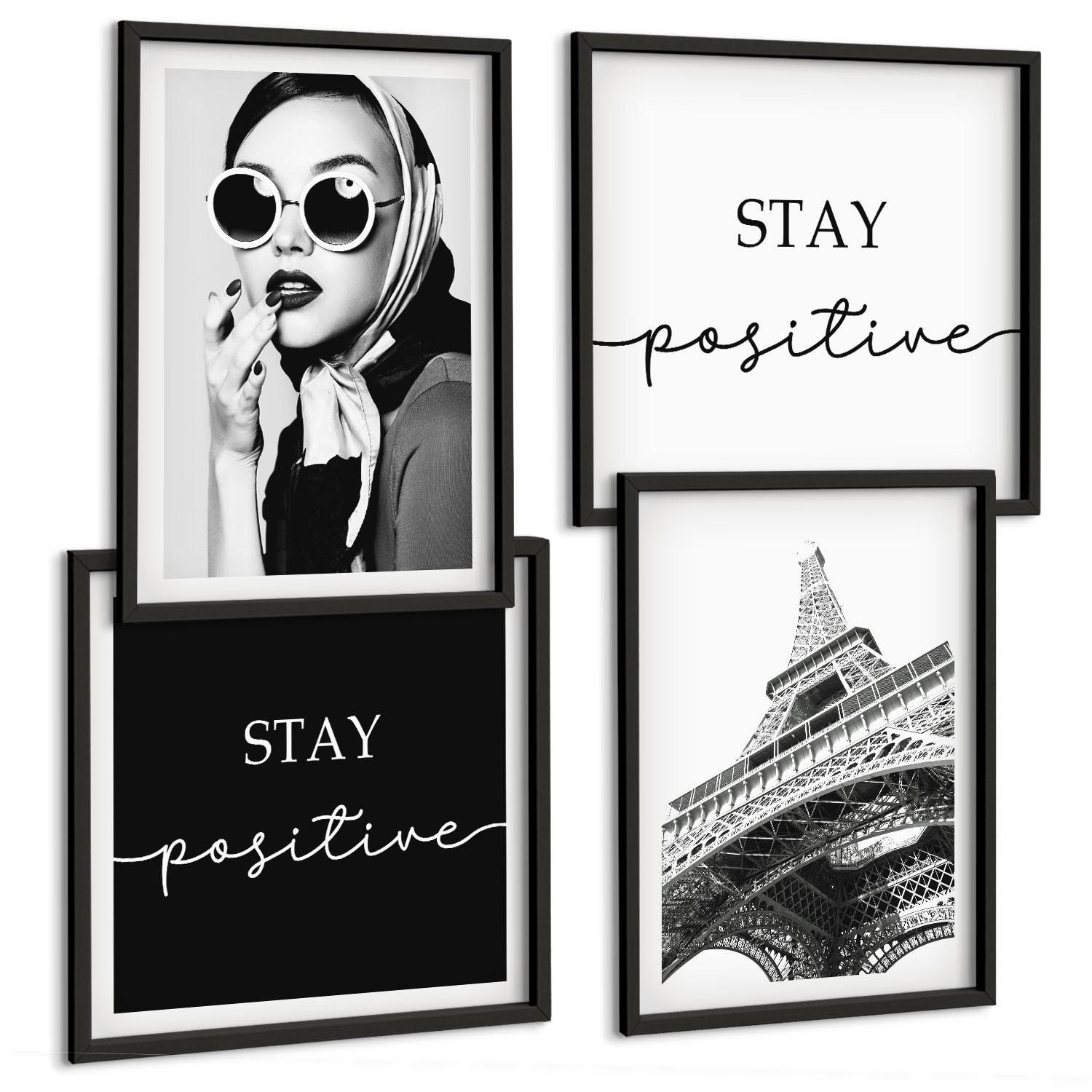 BILDER SET 4er Set - 50x50 cm & 40x60 cm Schwarzer Rahmen - Porträts, Eiffelturm-Slogans - Schwarz, Kunststoff (50/50cm) - TULUP