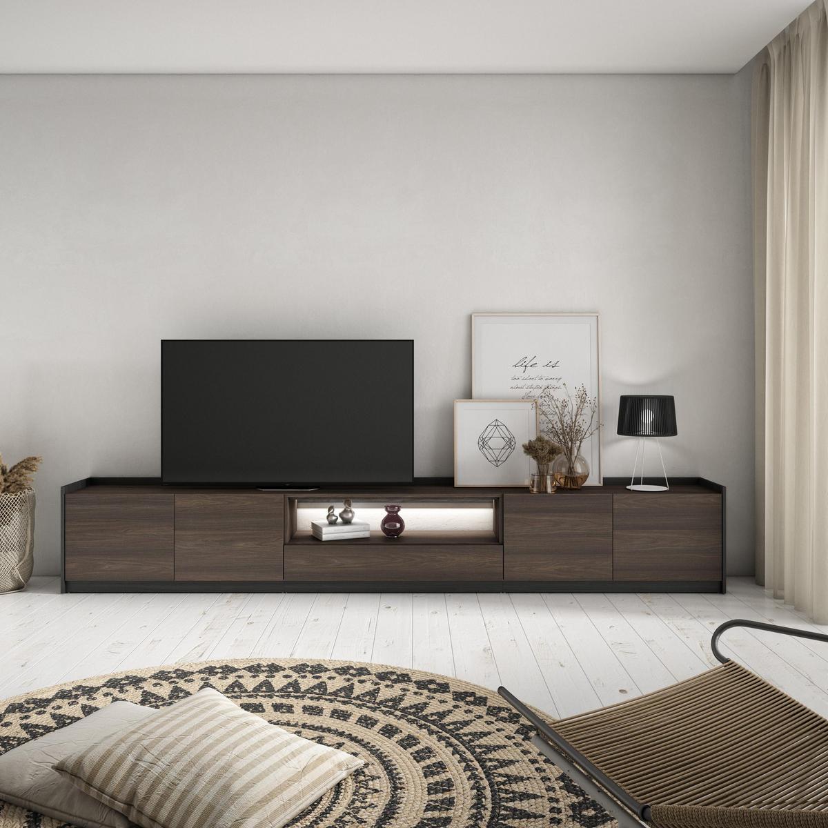 LOWBOARD, Dunkler Eiche und Schwarz, 310/37/50cm, mit Led - Dunkelbraun, Holzwerkstoff (310/50/37cm) - Skraut Home
