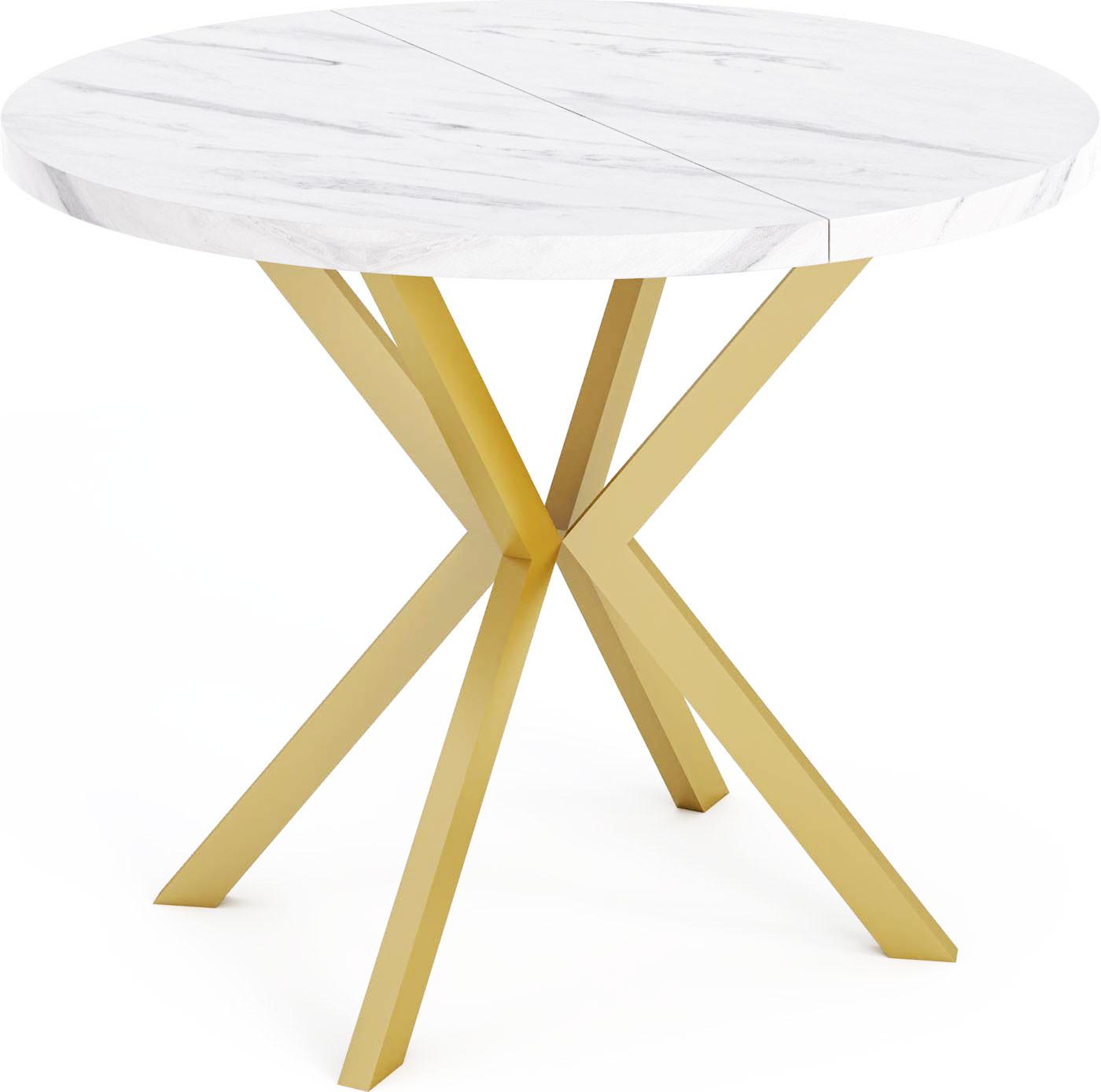 ESSTISCH Flora runder ausziehbarer, Marmor Weiß 120-200/120/76 cm - Ecru/Goldfarben, Holzwerkstoff/Metall (120/200/76cm) - WFL GROUP