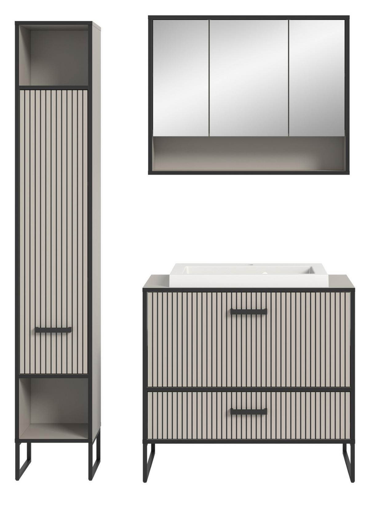 BADMÖBEL-SET schwarz, sand mit Waschbecken 125 cm, Kombination mit Soft-Close - Sandfarben/Schwarz, Glas/Keramik (125/192/48cm) - Inn.Furn