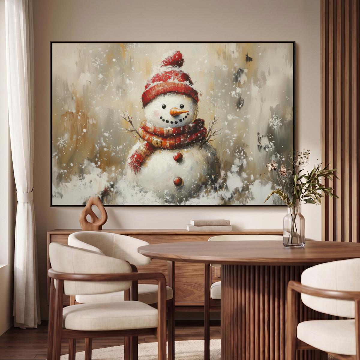 LEINWAND Bilder mit Rahmen - Schneemann - Winter - Schnee - Beige - 120x80 - Weiß, Textil (120/80cm) - MuchoWow