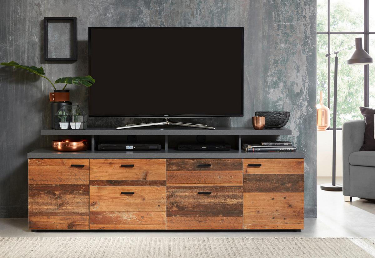 TV-LOWBOARD Old Used Wood Design mit grau Shabby 180 x 66 cm, TV Unterteil in Komforthöhe - Schwarz/Braun, Holzwerkstoff/Kunststoff (180/66/47cm) - Top.Furn