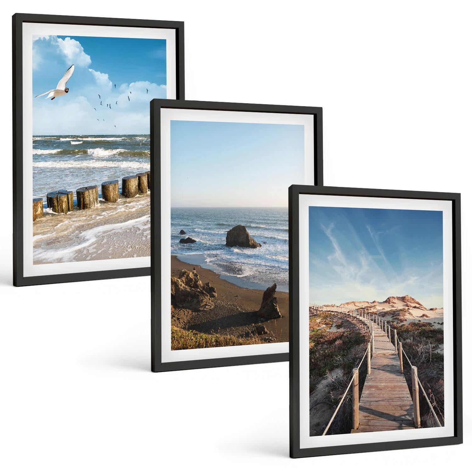BILDER SET 3er Set - 40x60 cm Schwarzer Rahmen - Strandwellen, Himmelsbrücke, Spaziergang - Schwarz, Kunststoff (40/60cm) - TULUP