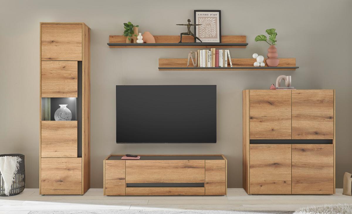 VITRINE Eiche Evoke 50 x 197 cm, Vitrinenschrank 3-türig mit 5 Fächern - Eichefarben/Schwarz, Glas/Holzwerkstoff (50/197/40cm) - Furn.Design