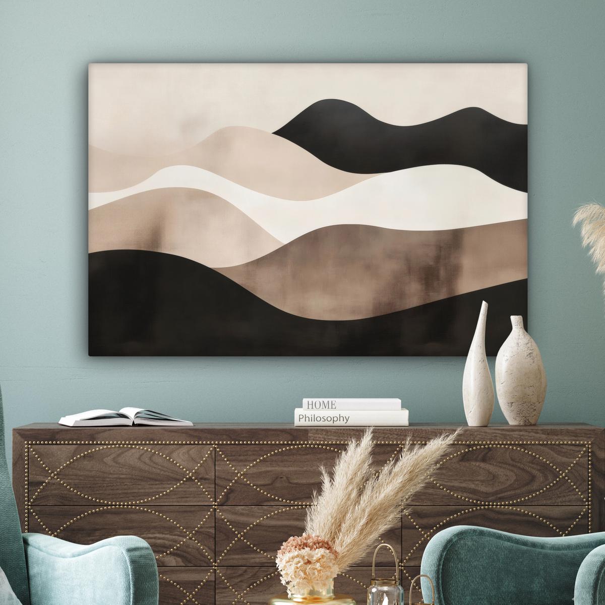 LEINWANDBILD Abstrakt - Landschaft - Wellen - Cremefarben Wohnzimmer Groß 120x80 cm - Cappuccino, Textil (120/80cm) - MuchoWow