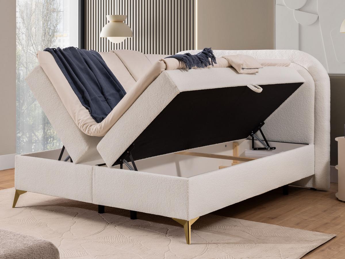 BOXBETT Sonna 200/200 cm Weiß Bouclé-Stoff mit abgerundetem Kopfteil und mit goldenen Metallfüße - Goldfarben/Weiß, Holz/Textil (200/200cm) - S-Style Möbel