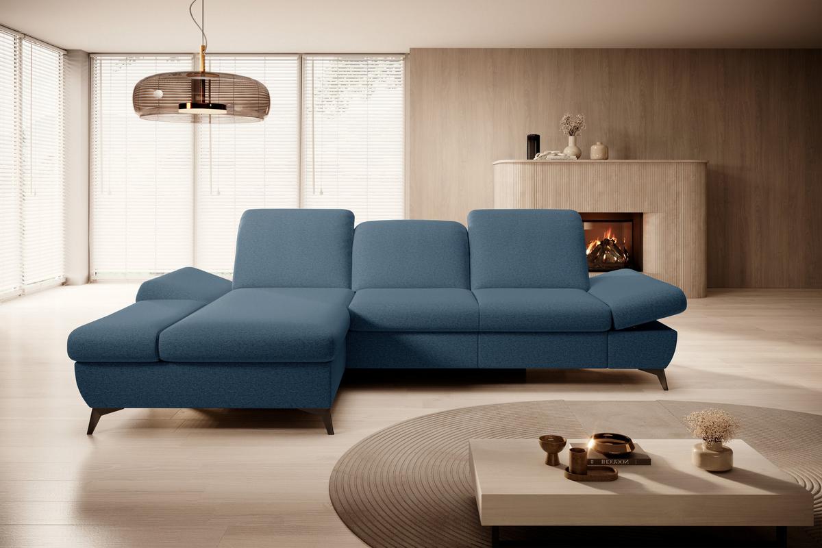 ECKSOFA FELICE L-S Dunkelblau Geflochtener Stoff mit Schlaffunktion - Dunkelblau, Holz (284/166cm) - MASSENO