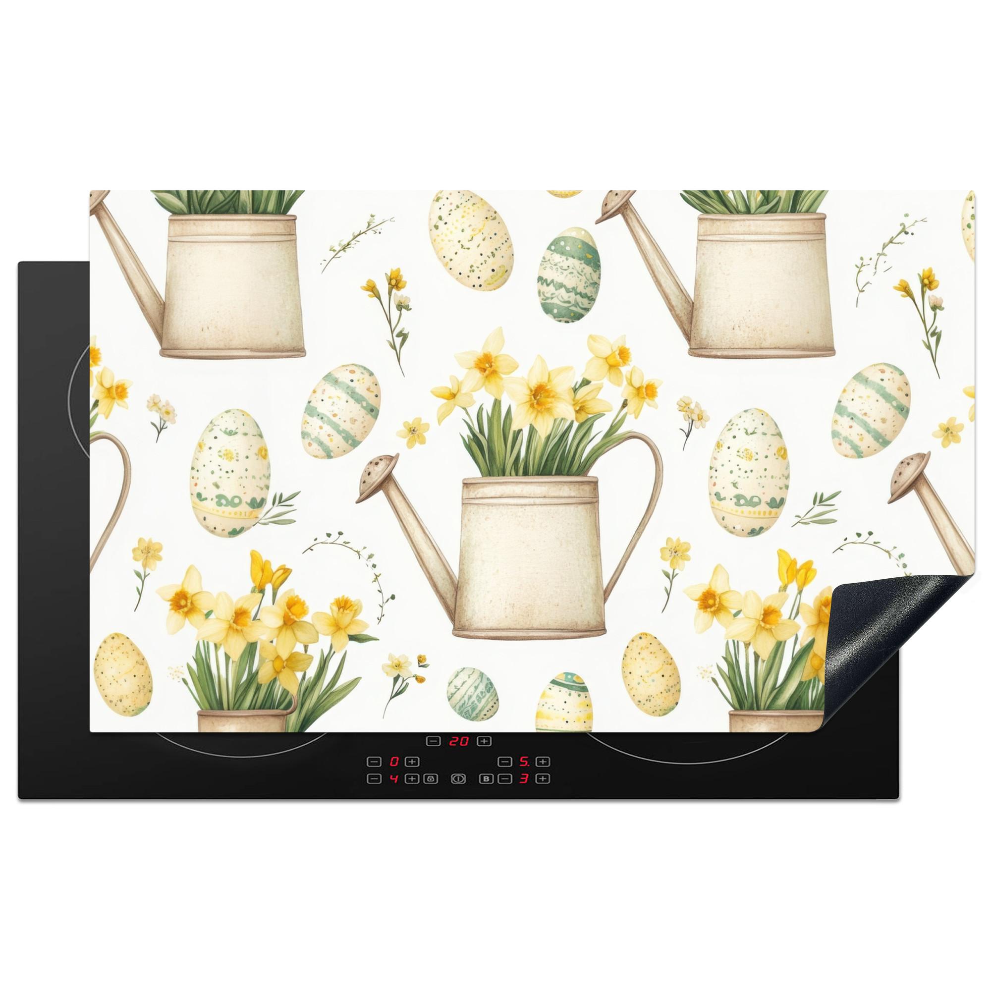 HERDABDECKPLATTE Gießkanne - Blumen - Eier Induktionsmatte 83x51 cm - Weiß, Kunststoff (83/51.5/0.2cm) - MuchoWow