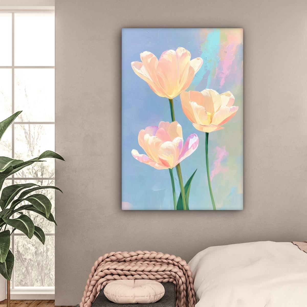 LEINWANDBILD Tulpen - Rosa Akzente - Blau Deko XXL 80x120 cm - Pastellblau, Textil (80/120cm) - MuchoWow