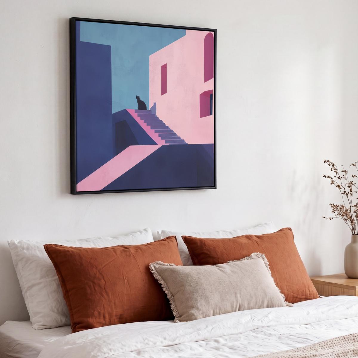 LEINWAND Bilder mit Rahmen - Katze - Treppe - Gebäude - Schattenkontraste - 50x50 - Dunkelblau, Textil (50/50cm) - MuchoWow