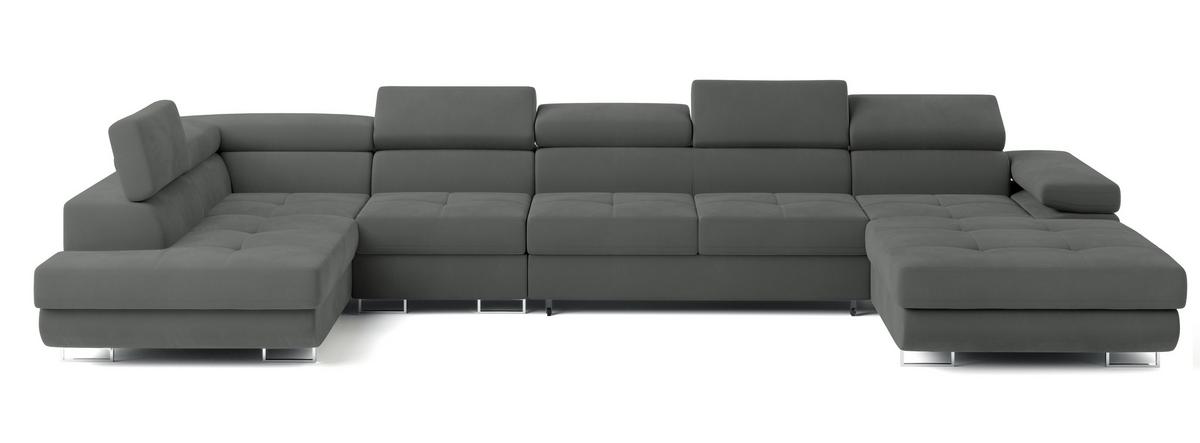 WOHNLANDSCHAFT VELORA L-S Grau Velours-Stoff mit Schlaffunktion - Grau, Holz (419/90/202cm) - MASSENO
