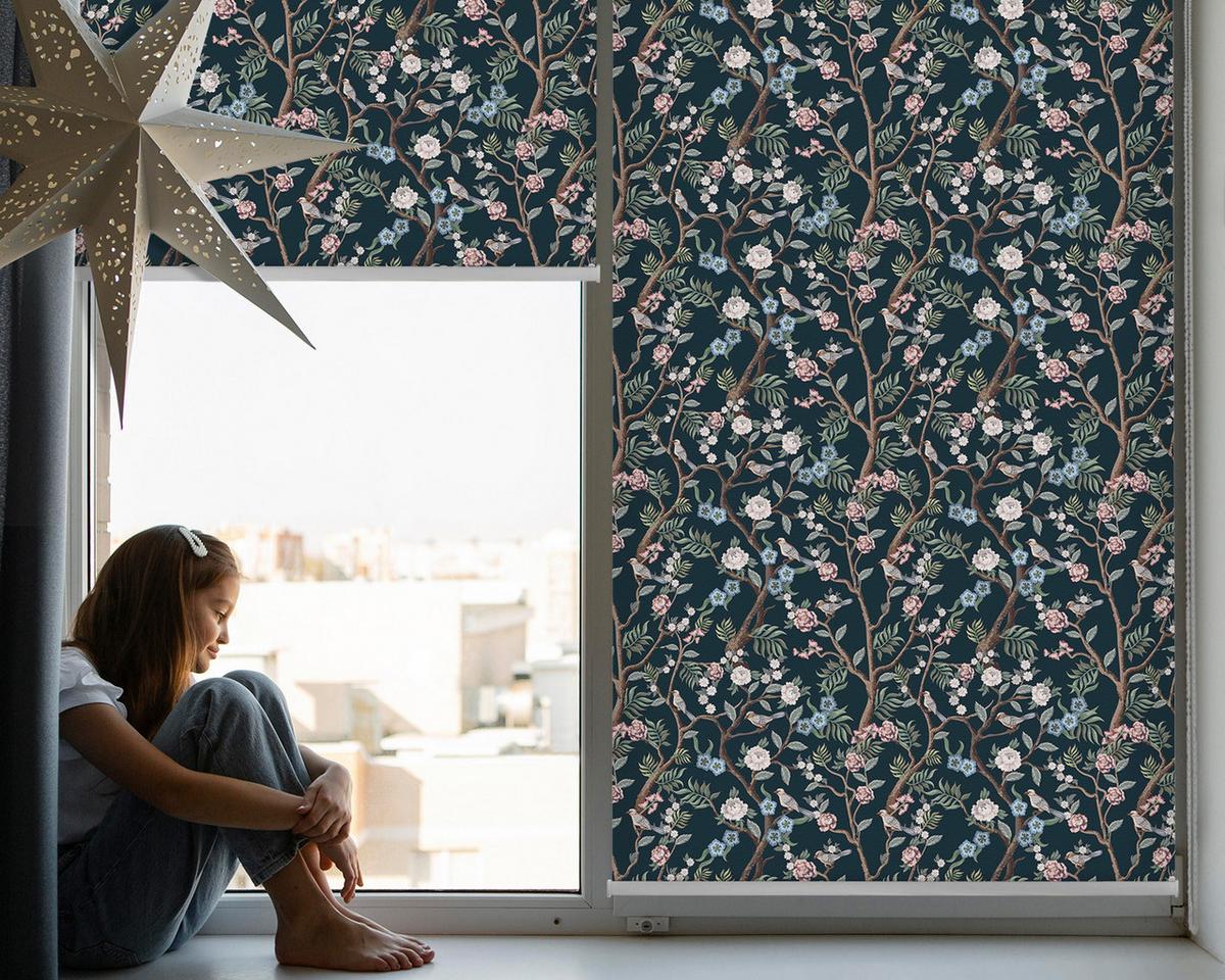 INNENROLLO - Fensterrollo - Rollo - 150x140 cm - Blumenranken - Dunkelblau, Kunststoff (150/140/0.5cm) - TULUP