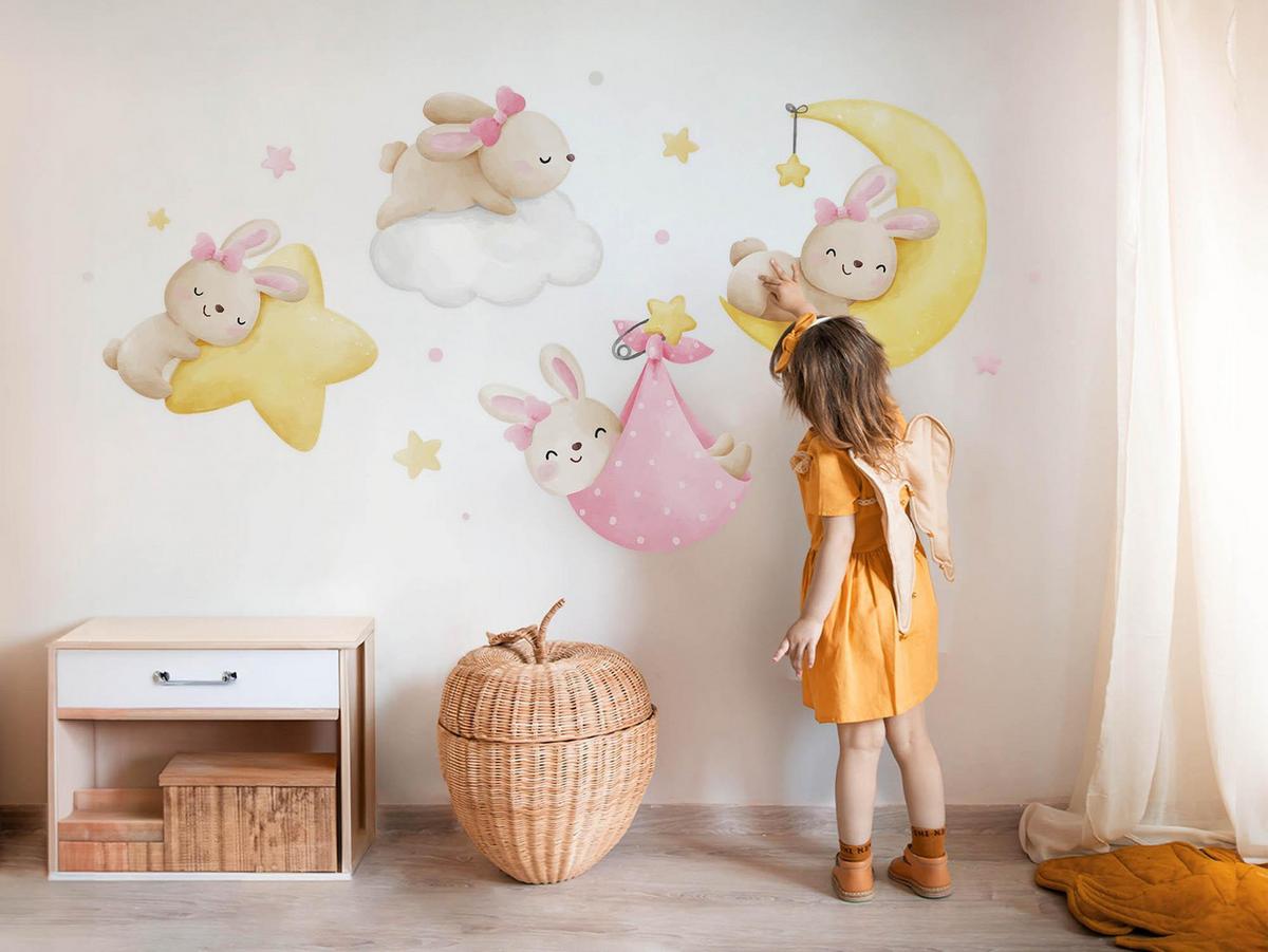 WANDAUFKLEBER 100x147cm - Hasen am Himmel - Multicolor, Kunststoff (100/147/0.1cm) - Wallfluent