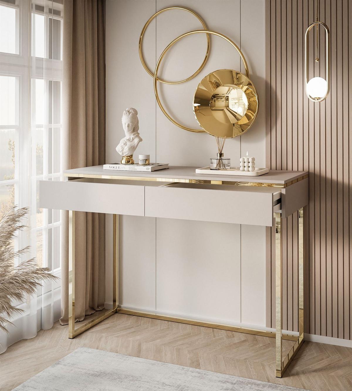 SCHMINKTISCH AURORA GOLD KASCHMIR Schminktisch auf einem goldenen Gestell ohne Spiegel - Kaschmir, Holzwerkstoff (44/102/79cm) - Lookway