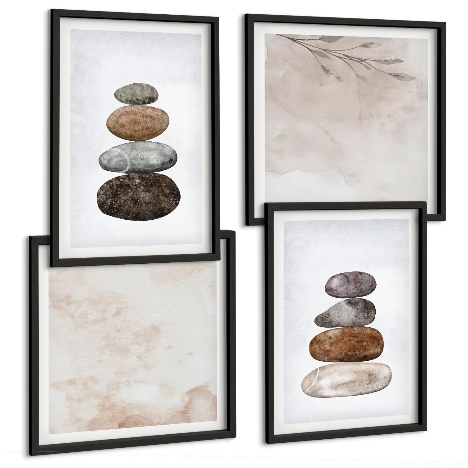 BILDER SET 4er Set - 50x50 cm & 40x60 cm Schwarzer Rahmen - Steinstapel-Boho-Malerei - Schwarz, Kunststoff (50/50cm) - TULUP