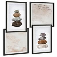 BILDER SET 4er Set - 50x50 cm & 40x60 cm Schwarzer Rahmen - Steinstapel-Boho-Malerei - Schwarz, Kunststoff (50/50cm) - TULUP