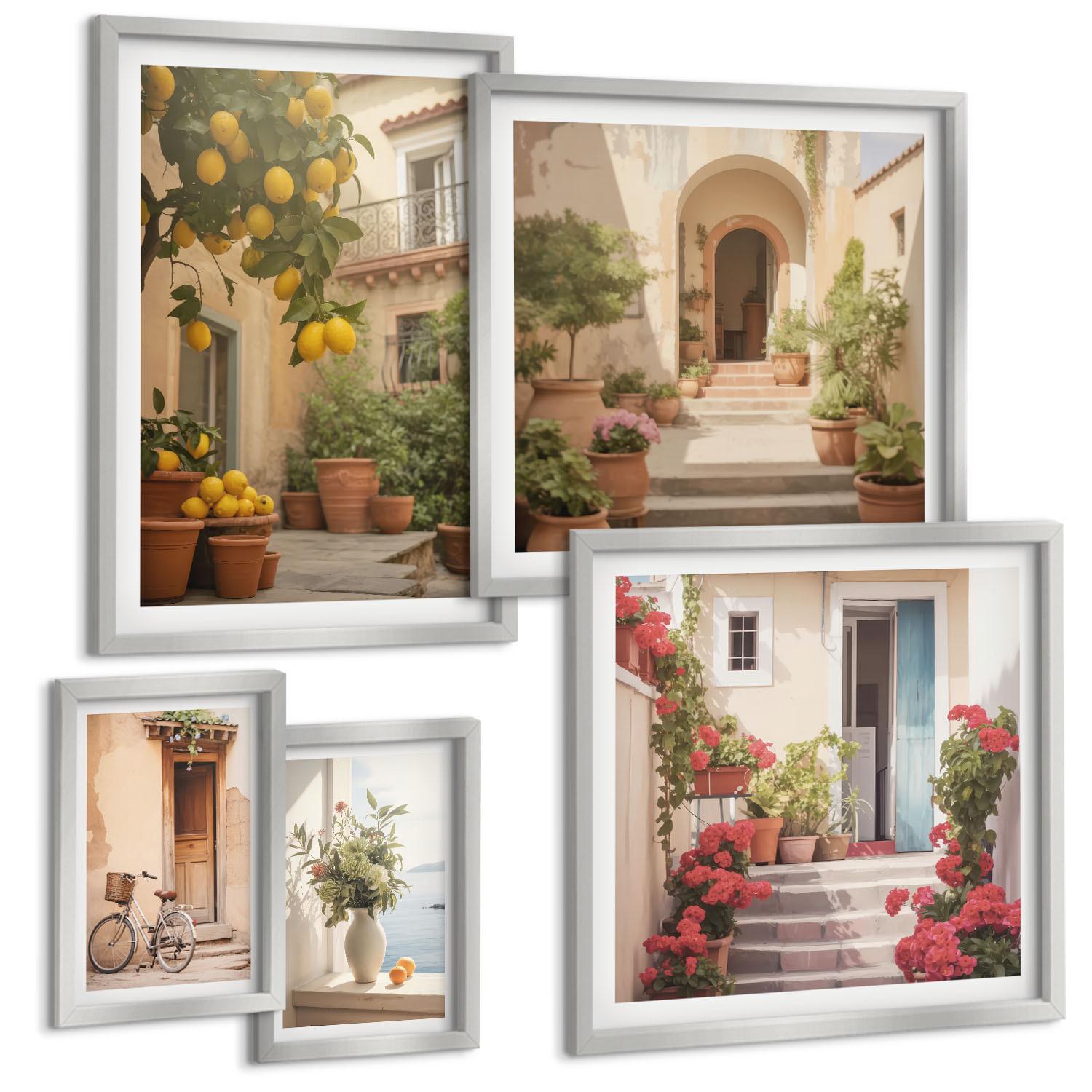 BILDER SET 5er Set - 50x50 cm & 20x30 cm & 40x60 cm Silberner Rahmen - Zitrusfrüchte in der Sonne - Silberfarben, Kunststoff (40/60cm) - TULUP