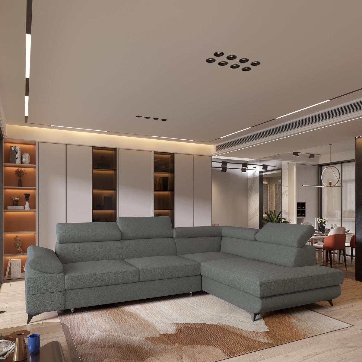 ECKSOFA FAVIEN R-S Grau Boucle-Stoff mit Schlaffunktion - Grau, Holz (257/190cm) - MASSENO