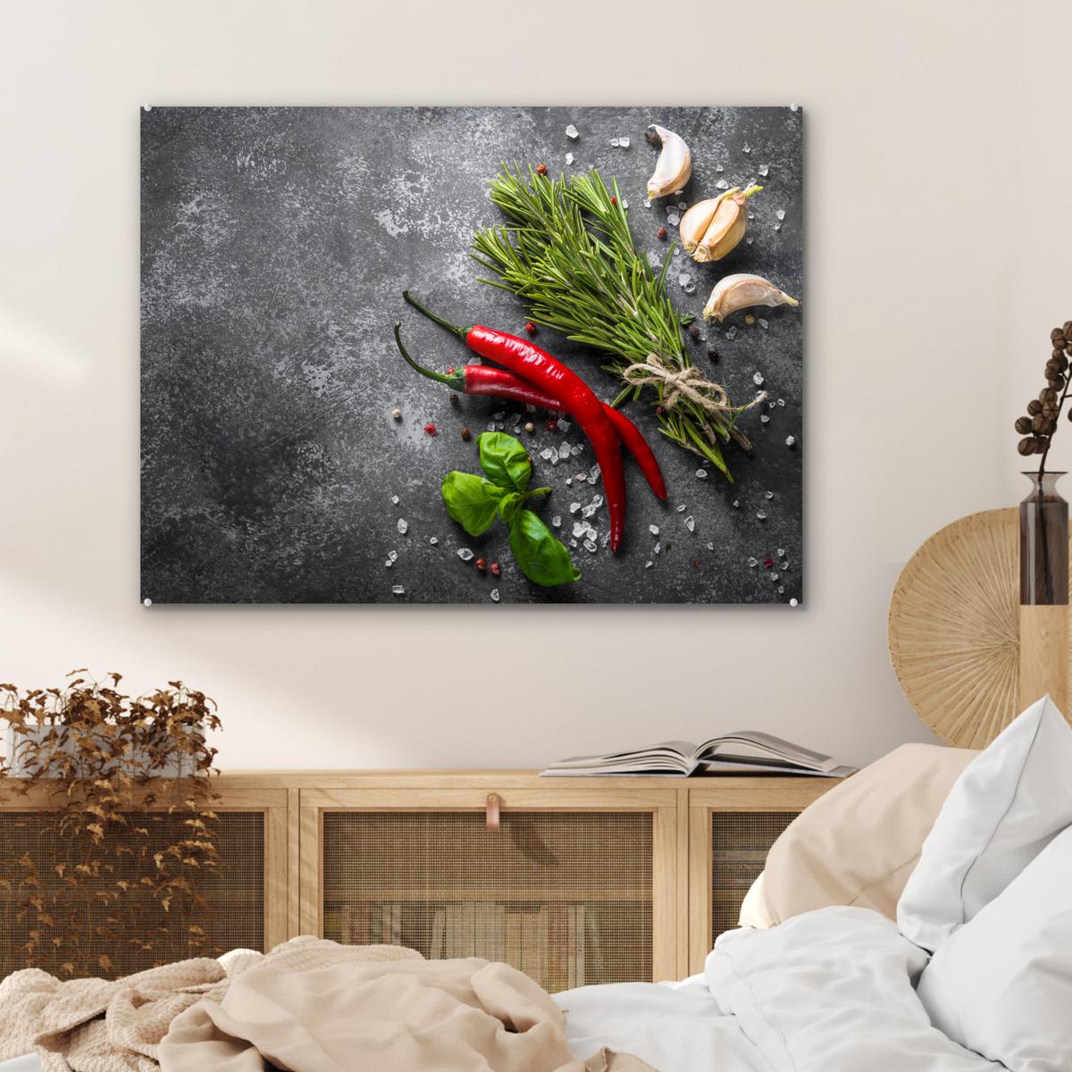 ACRYLGLASBILD Pfeffer - Kräuter - Gewürze - Beton 80x60 cm - Dunkelgrau, Glas (80/60cm) - MuchoWow