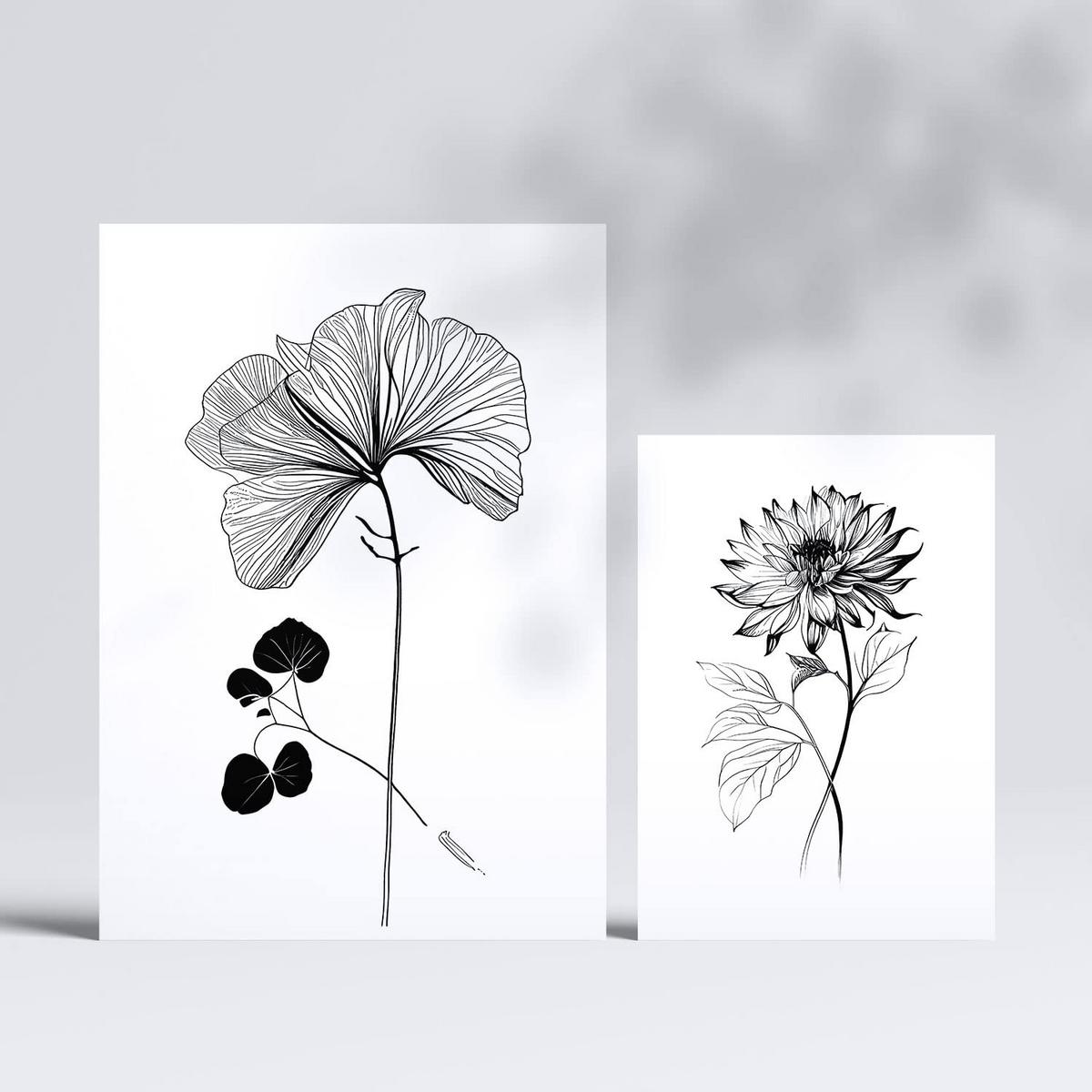 POSTER Set Mit 6 Belaubte Blumen Blumenmotiven In Klassischem Schwarz Und Weiß A3 & A4 Rahmenlos - Klar, Papier (29/3cm) - Nacnic