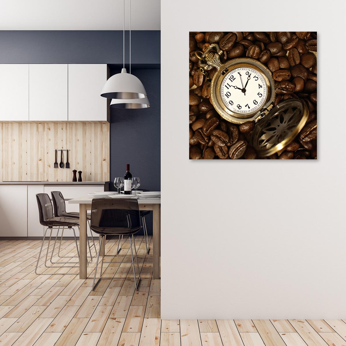 WANDBILD kaffeebohnen und uhr - Braun, Textil (30/30cm) - Feeby