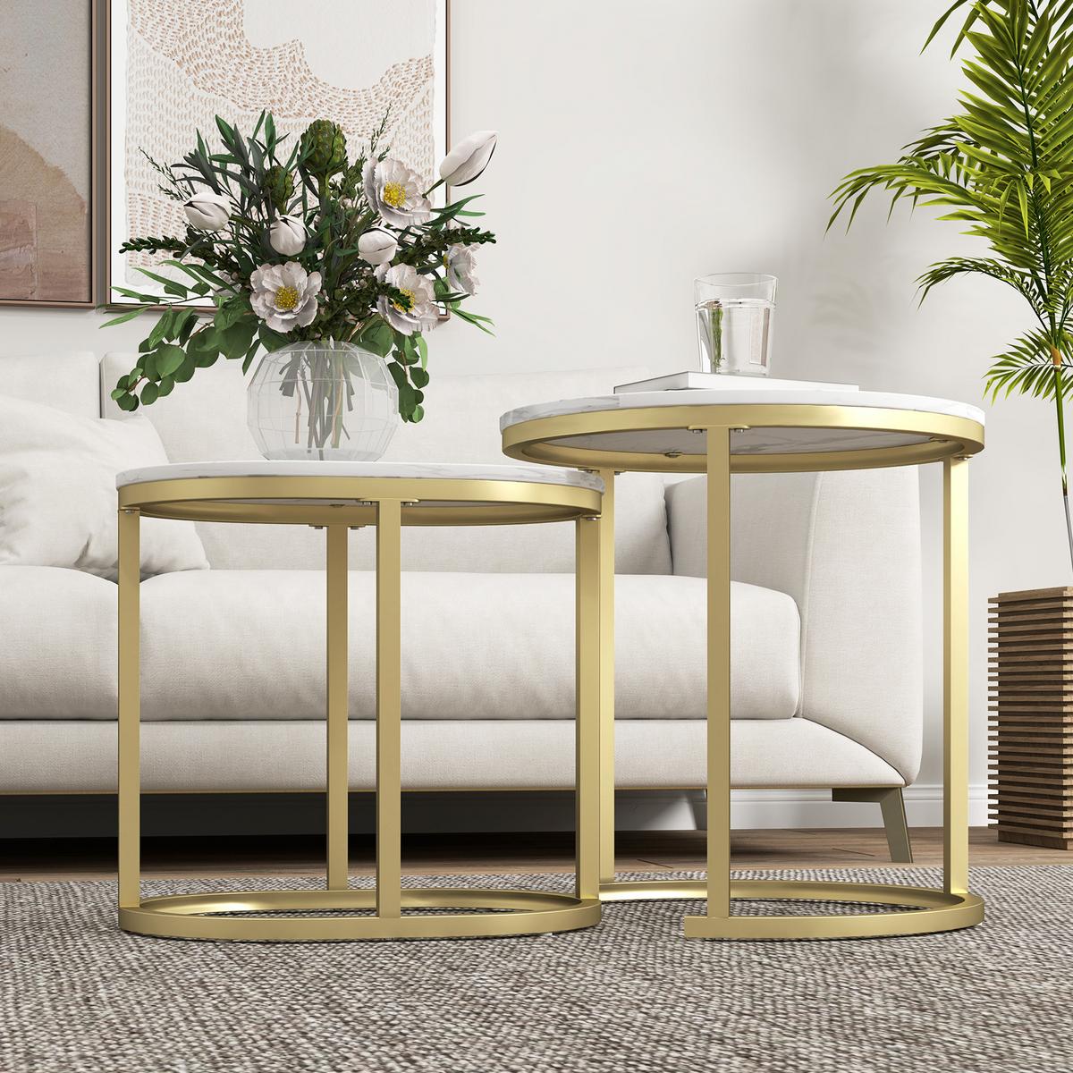 COUCHTISCH rund 2er Set Stapelbarer Beistelltisch mit Stahlrahmen für Wohnzimmer - Weiß, Holzwerkstoff (50/50/50.5cm) - HOMCOM