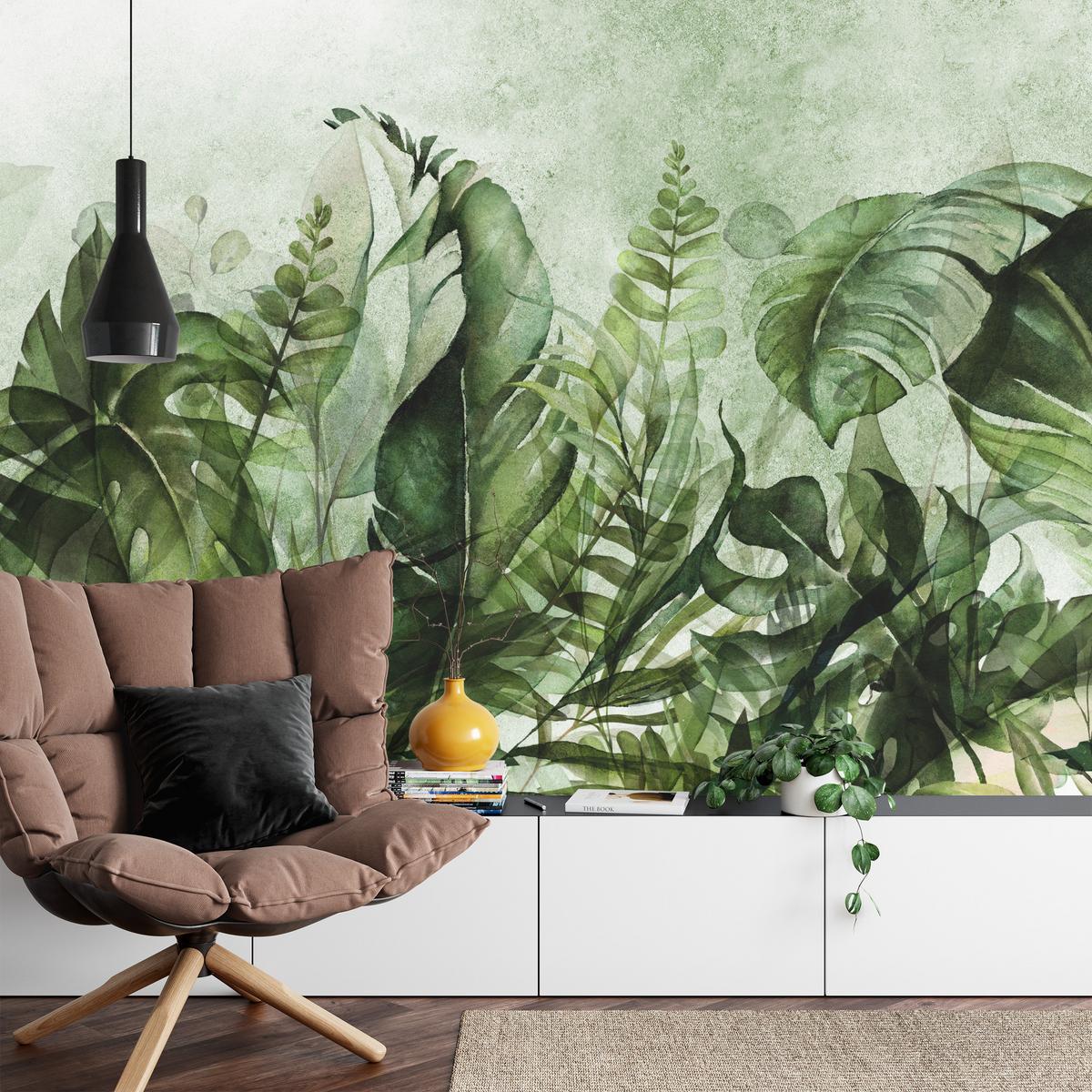 FOTOTAPETE für Wohnzimmer Grüne Blätter auf Beton 100x70 - Schwarz/Grün, Papier (100/70cm) - Muralo