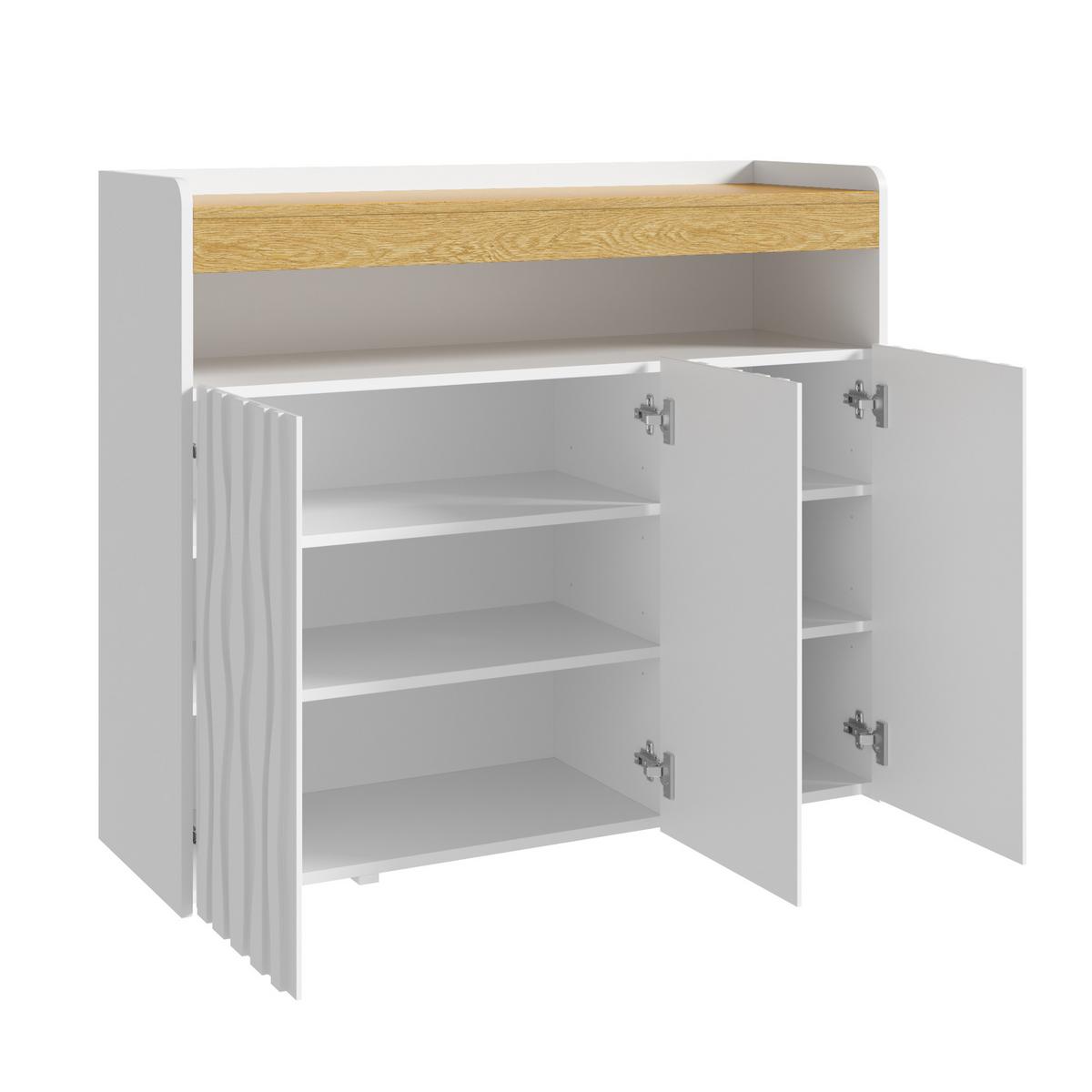 SIDEBOARD Weiß & Natur mit LED-Beleuchtung 3 Türen Wellenmuster Schuhschrank - Weiß, Holzwerkstoff (105/90.5/35cm) - Urban Meuble