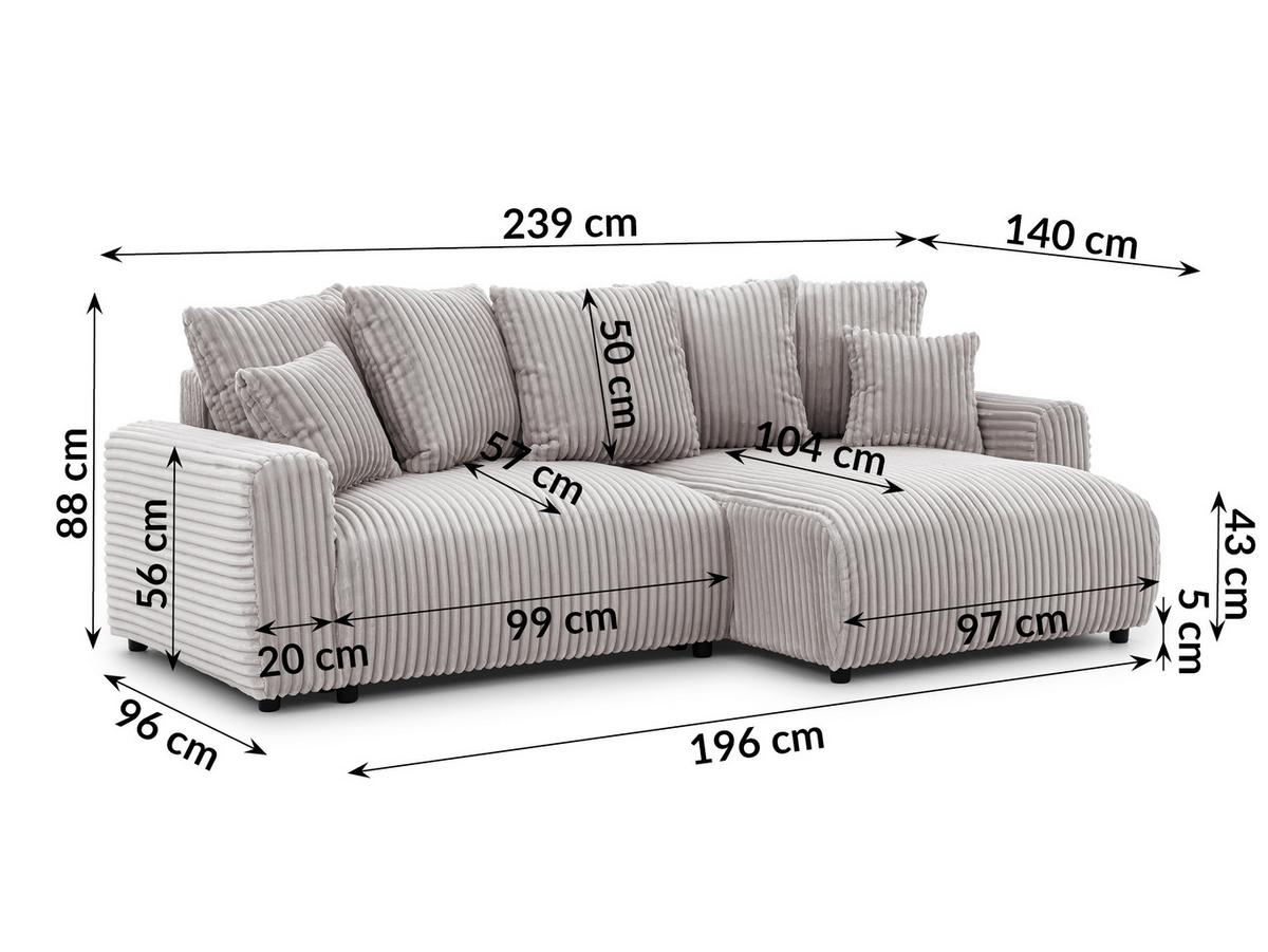 ECKSOFA Calma mit Schlaffunktion und Bettkasten im Bumpy-Design aus weichem Hellgrau Plüschcord - Ottomane rechts - Hellgrau/Schwarz, Holz/Kunststoff (140/239cm) - S-Style
