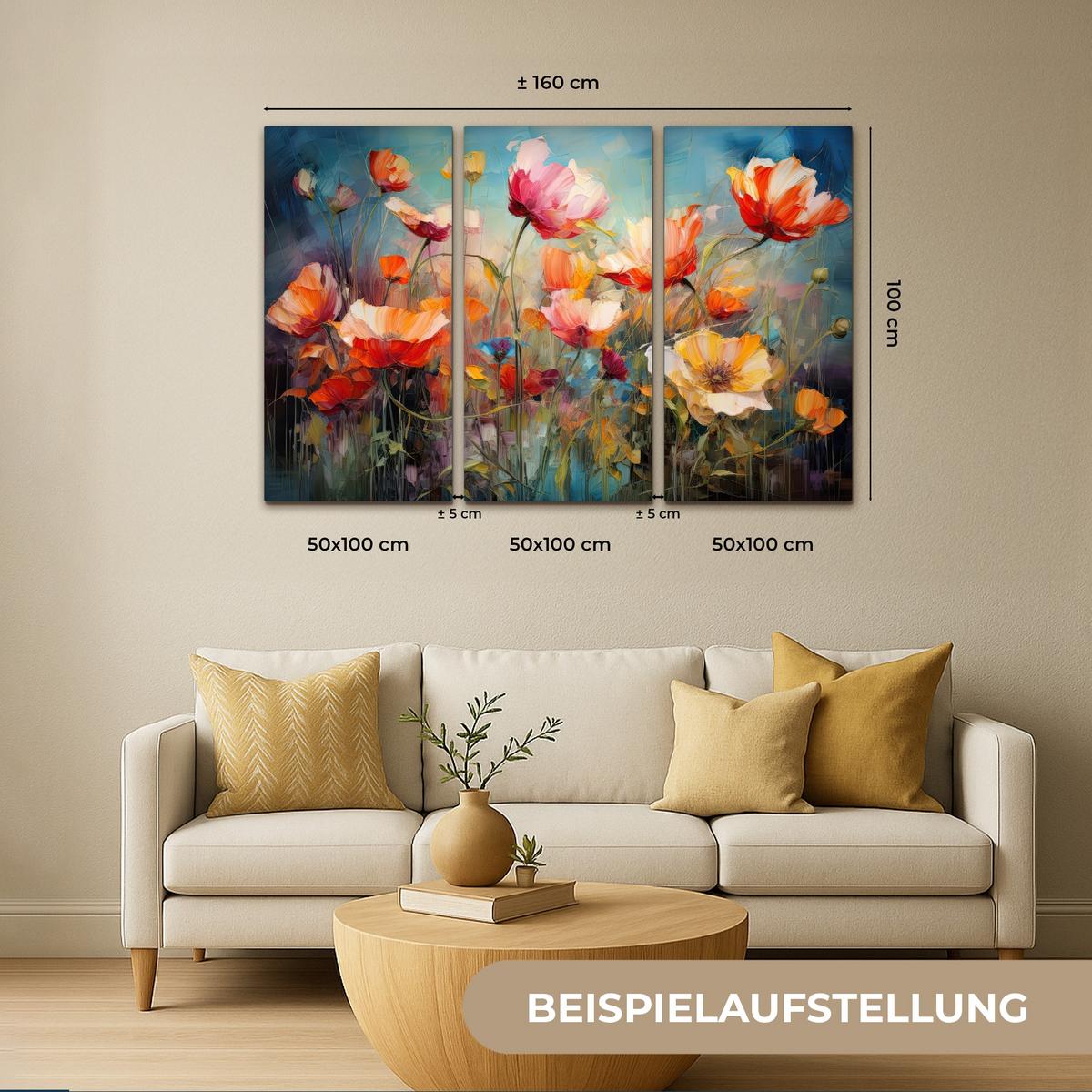 LEINWANDBILD 3er Set Blumen - Bunt - Abstrakt 180x120 cm - Blaugrau, Textil (180/120cm) - MuchoWow