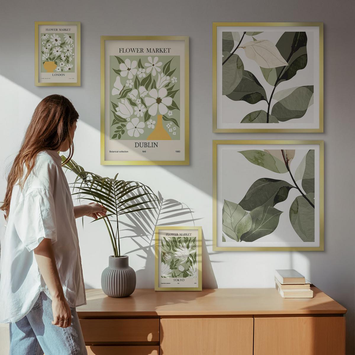 BILDER SET 5er Set - 50x50 cm & 20x30 cm & 40x60 cm Goldrahmen - Blumenmuster London Dublin - Goldfarben, Kunststoff (40/60cm) - TULUP