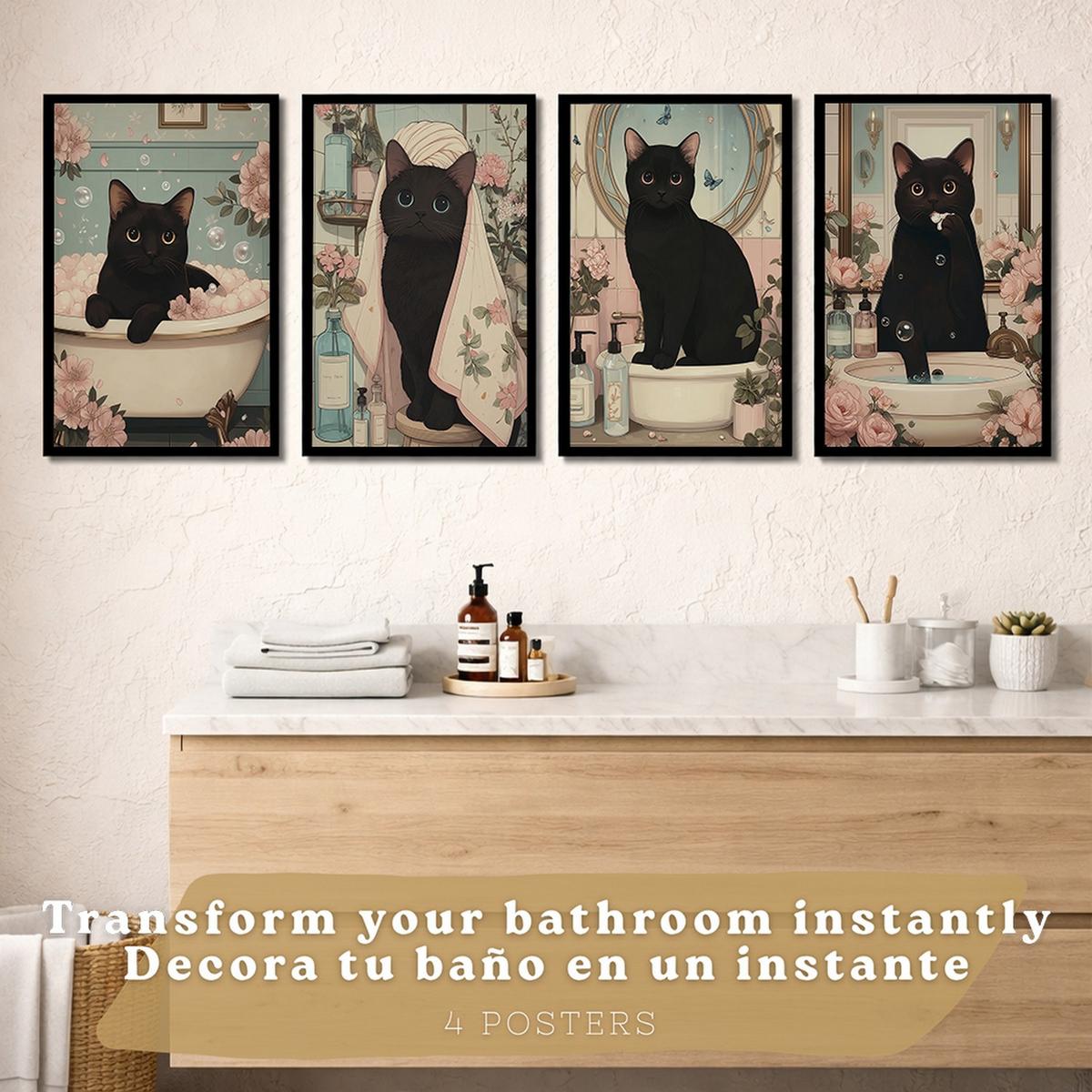 POSTER 4er-Set dekorative Kunstdrucke, schwarze Katze im Badezimmer, niedliches Blumenposter für Toilette, Schlafzimmer, sanfter Schwarzer Rahmen A4 - Schwarz, Papier (29.7/21/3cm) - Nacnic
