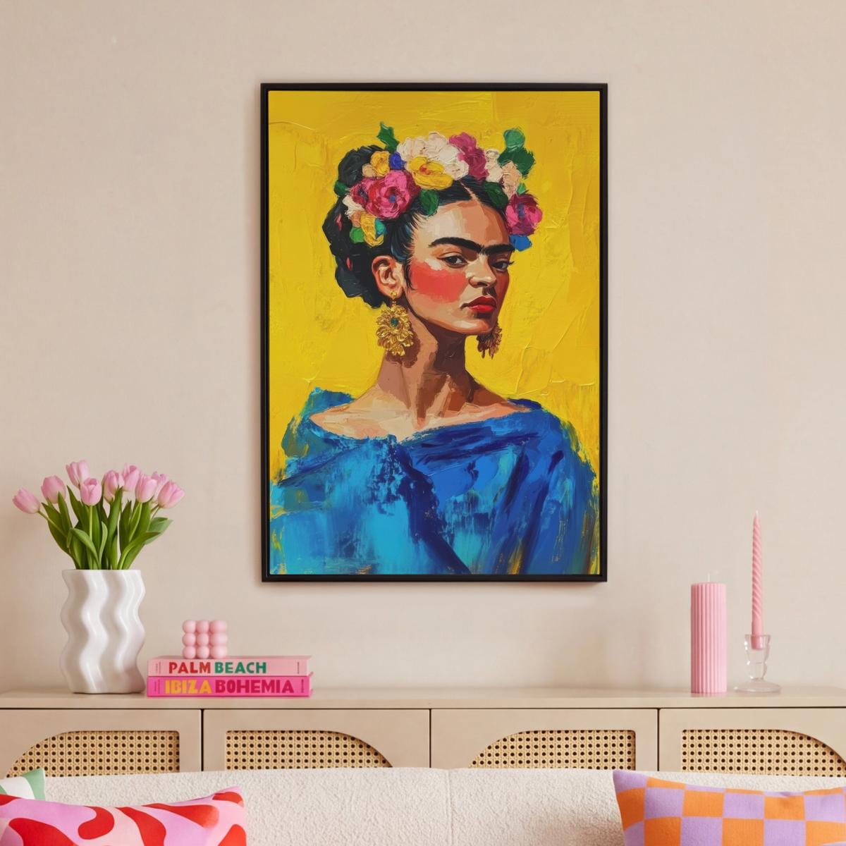 LEINWAND Bilder mit Rahmen - Frida Kahlo - Frau - Gelb - Blau - Blumen - 60x90 - Gelb, Textil (60/90cm) - MuchoWow