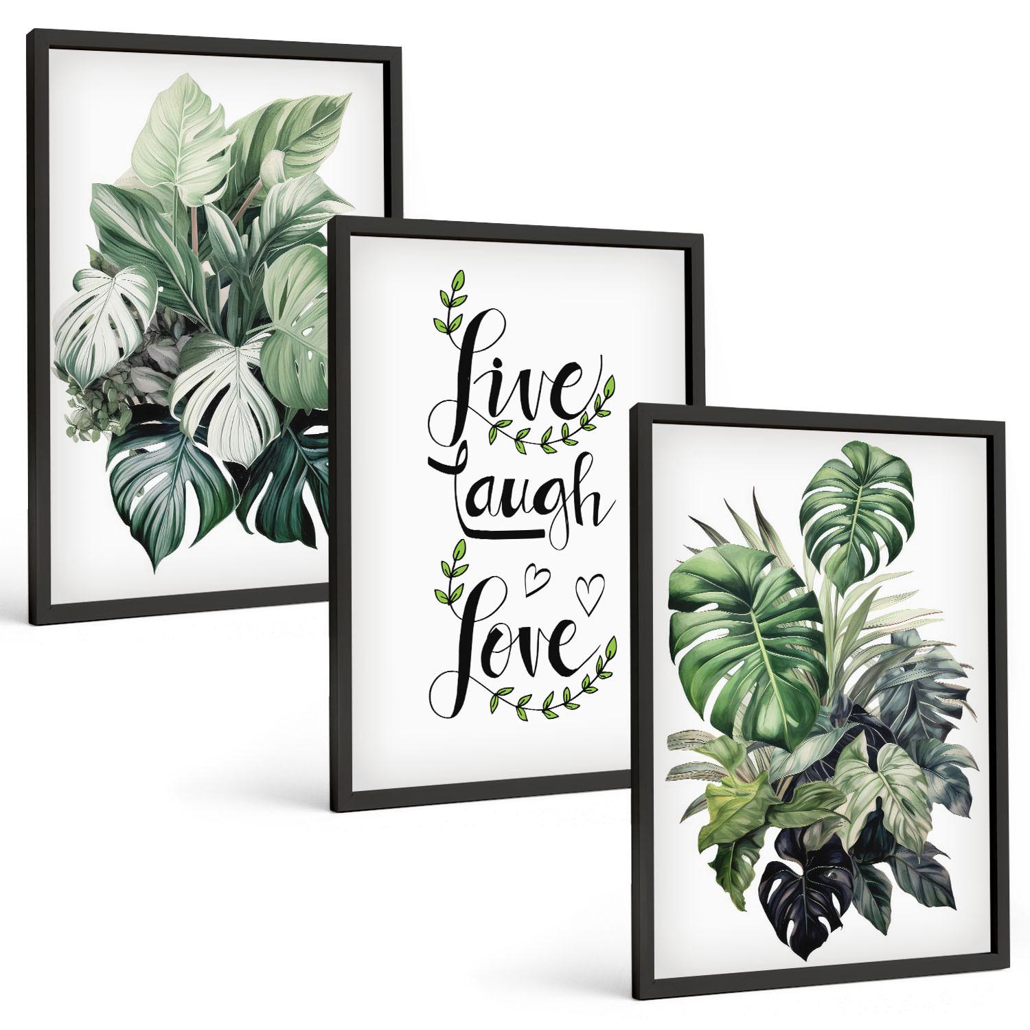 BILDER SET 3er Set - 40x60 cm Schwarzer Rahmen - Blattpflanzen leben, lachen, lieben - Schwarz, Kunststoff (40/60cm) - TULUP