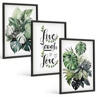 BILDER SET 3er Set - 40x60 cm Schwarzer Rahmen - Blattpflanzen leben, lachen, lieben - Schwarz, Kunststoff (40/60cm) - TULUP