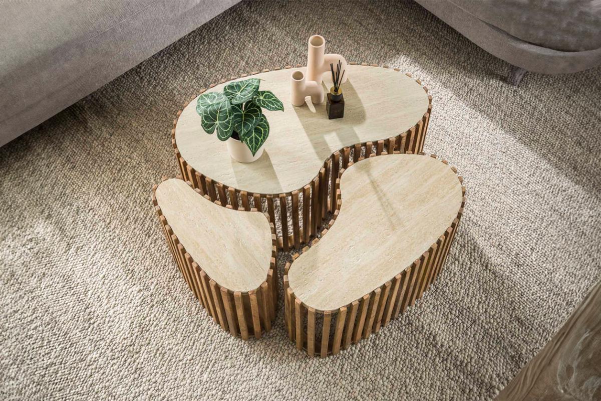 COUCHTISCH LIMAY 3ER SET Weiß Keramik - Weiß/Braun, Mangoholz/Keramik (52/90/40cm) - KAWOLA