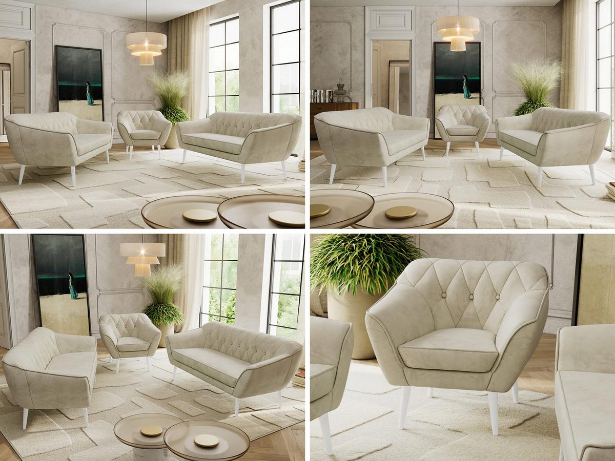 SITZGARNITUR PIRS 3+3+1 - Beige Velvet - Weiße Beine - Beige/Weiß, Holzwerkstoff/Textil (180/75/74cm) - MKS