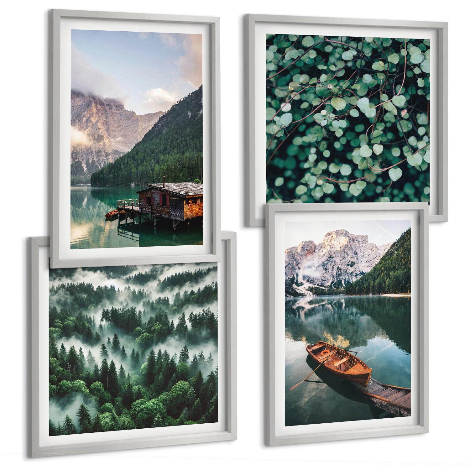 BILDER SET 4er Set - 50x50 cm & 40x60 cm Silberner Rahmen - Nebel auf dem Bergsee, Bootsfahrten, Nebel - Silberfarben, Kunststoff (50/50cm) - TULUP