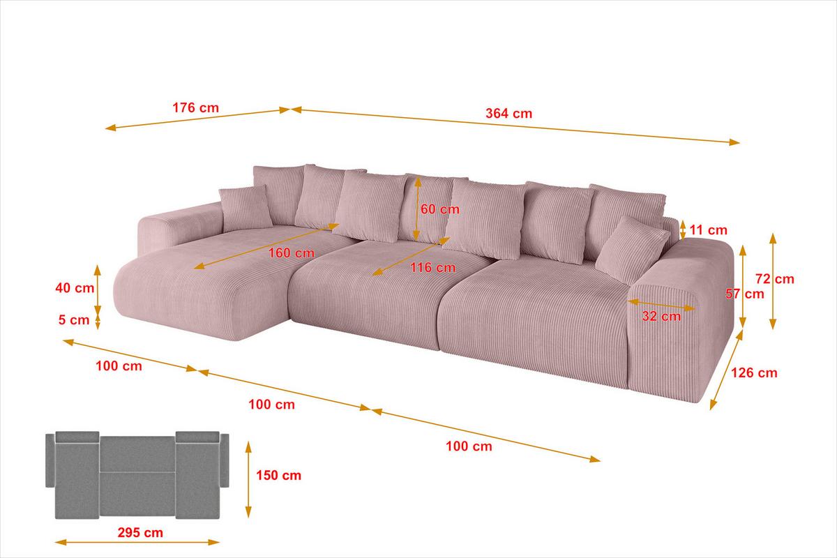 ECKSOFA Ottomane links ESKAR-L2 364x176x72 Rosa Cord - Schwarz/Rosa, Holzwerkstoff/Kunststoff (364/176cm) - ALTDECOR