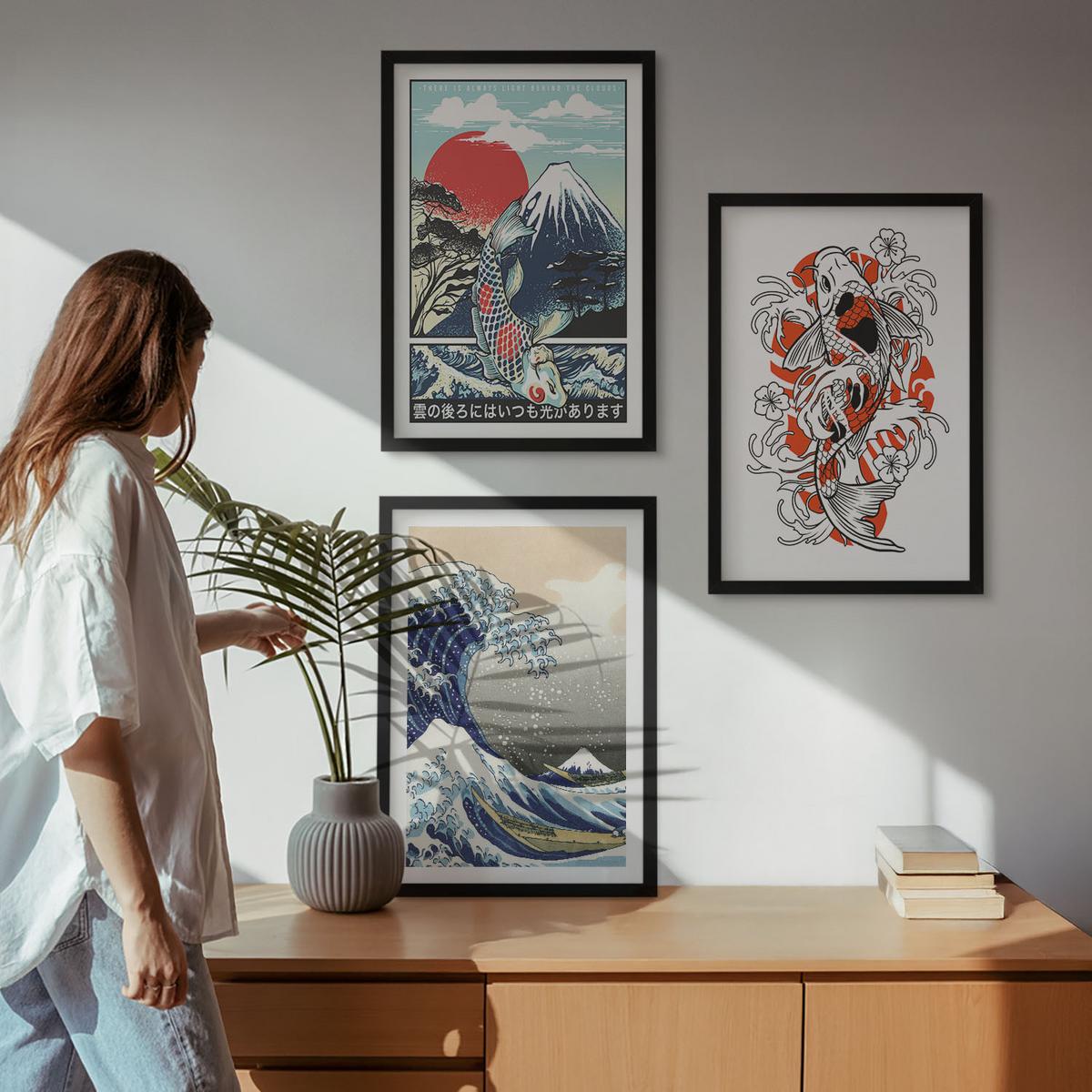 BILDER SET 3er Set - 40x60 cm Schwarzer Rahmen - Berge von Fischen Große Welle Japan - Schwarz, Kunststoff (40/60cm) - TULUP