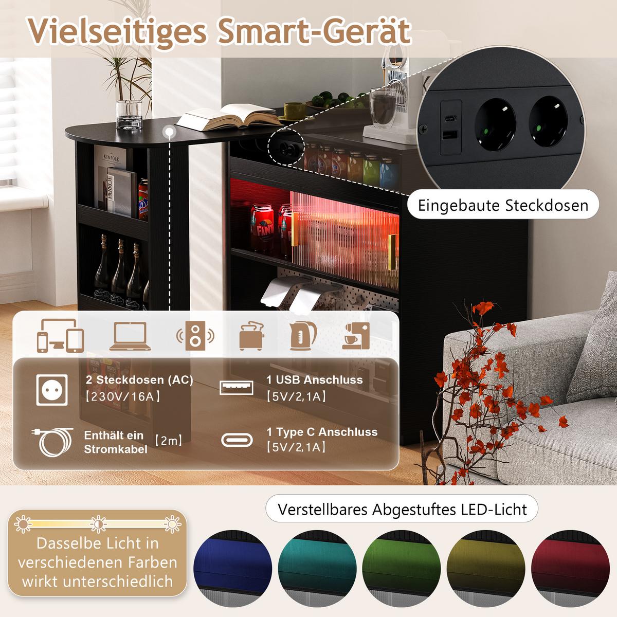 BARTISCH schwarz mit 360° drehbarem sideboard & led-beleuchtung - Schwarz, Holzwerkstoff (50/120/95.5cm) - Urban Meuble