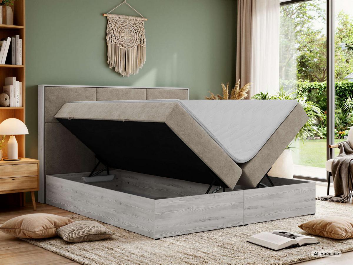 BOXBETT DELNOR 160/200 - Greige Stukture - Topper Visco - H4 - Greige/Schwarz, Kunststoff/Textil (160/200cm) - MKS