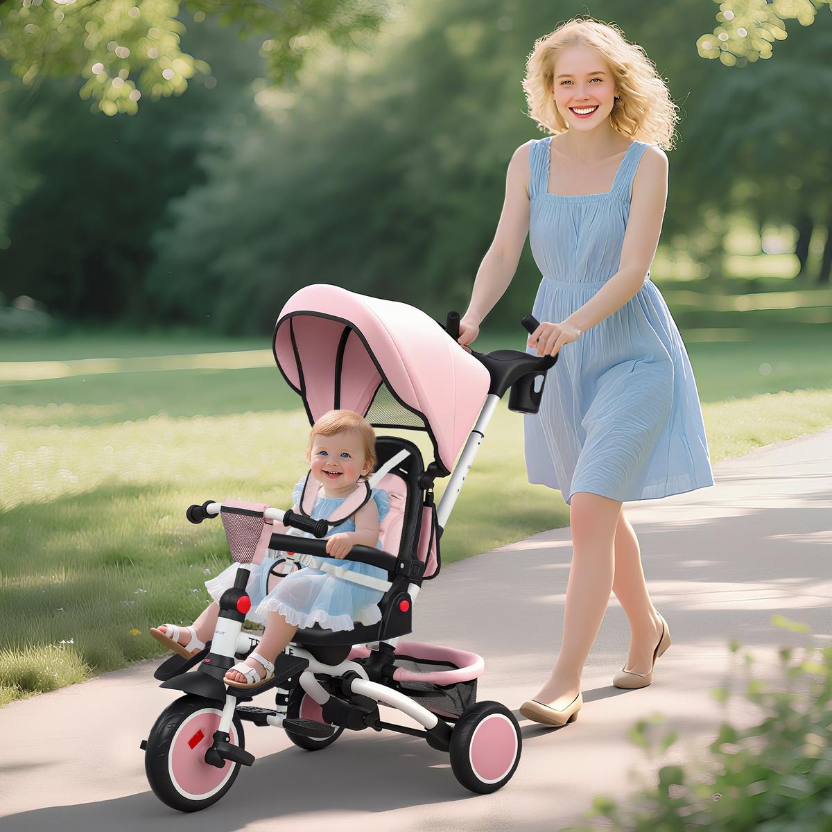 DREIRAD 6in1 mit Schubstange für 1-5 Jahre Kinderdreirad mit drehbarem Sitz Rosa - Rosa, Kunststoff (111.5/52/98cm) - AIYAPLAY